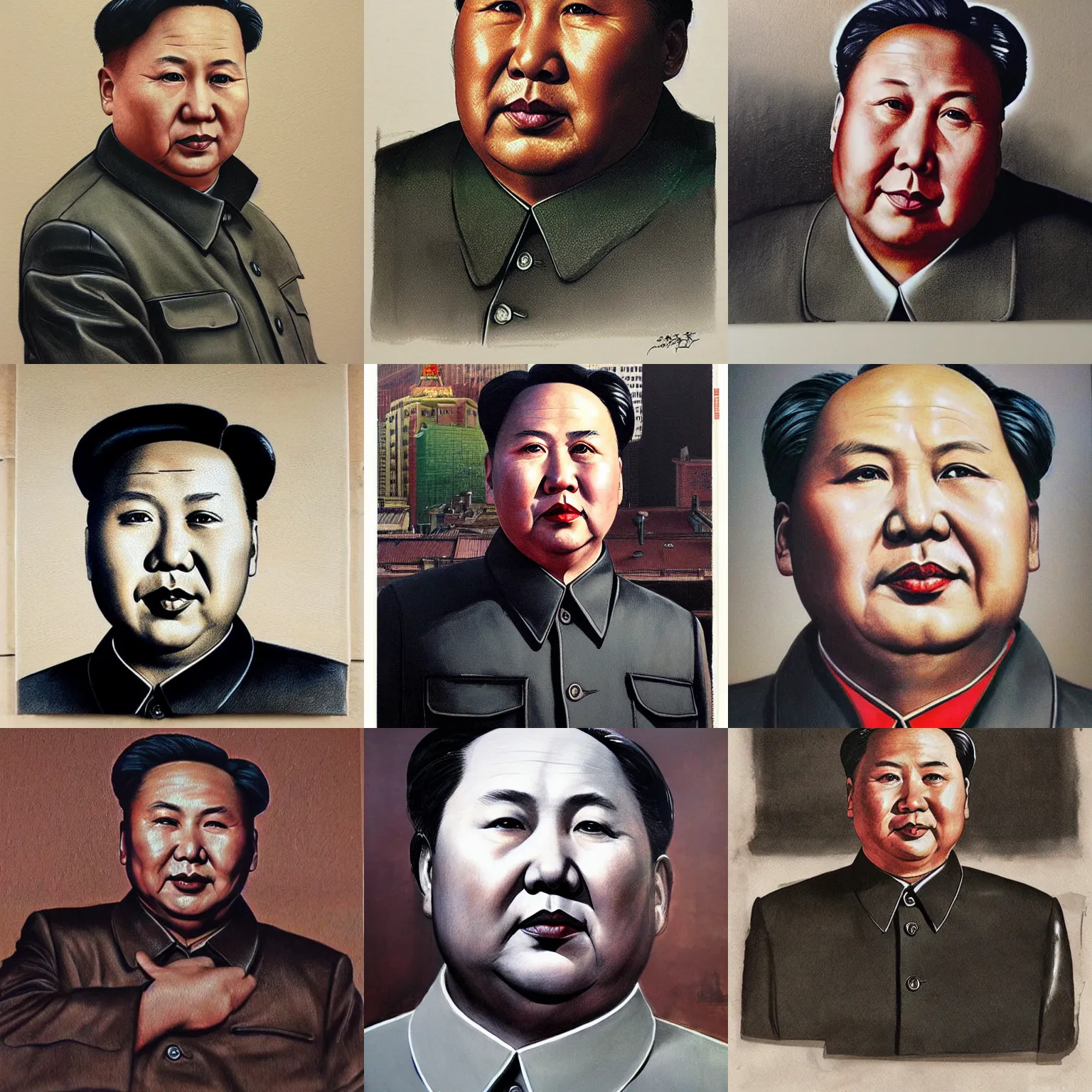 Prompt: portrait of chairman mao in black leather jacket, gritty, very detailed, hyperrealistic, medium shot, very detailed painting by Glenn Fabry, by Joao Ruas