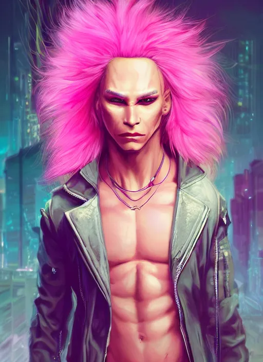 Prompt: aesthetic portrait commission of a of a male fully furry muscular anthro albino lion with a tail and a beautiful attractive hyperdetailed face wearing stylish and creative unkempt black and pink cyberpunk 2077 clothes in a sci-fi dystopian city at golden hour while it storms in the background. Character design by charlie bowater, ross tran, artgerm, and makoto shinkai, detailed, inked, western comic book art, 2021 award winning painting