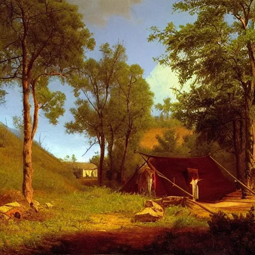 Image similar to A painting of a small camp on the side of a dirt road, painting by Albert Bierstadt