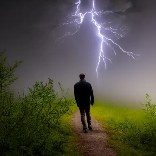 Prompt: a professional photographic picture of a man walking in tthe dark woods with dramatic lightning, realistic hyperdetailed 8k ultradetail cinematic