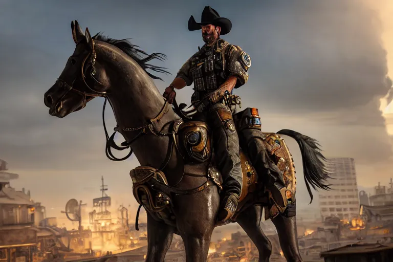 Prompt: photo from behind of a cowboy, riding a steampunk horse, on a futuristic shopping mall, cinematic lightning, ray tracing, unreal engine 5, photorealistic, 8 k, uhd, 4 k, ghost recon breakpoint game concept, extremely detailed, beautiful, elegant, intricate, foggy, in - game footage