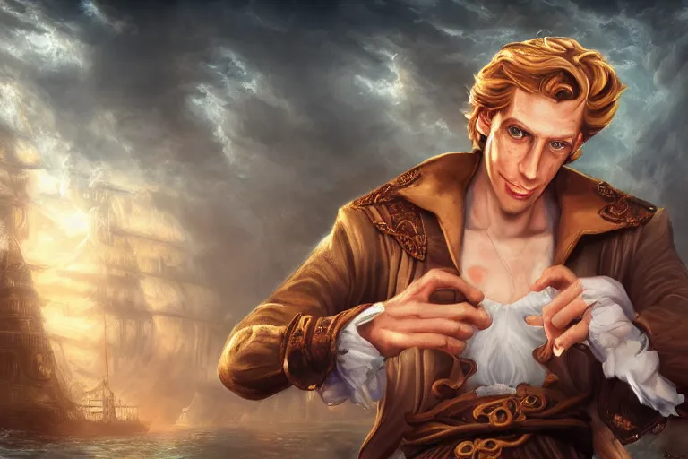 Prompt: Guybrush Threepwood, cute, fantasy, intricate, elegant, highly detailed, digital painting, 4k, HDR, concept art, smooth, sharp focus, illustration, art by H R Giger