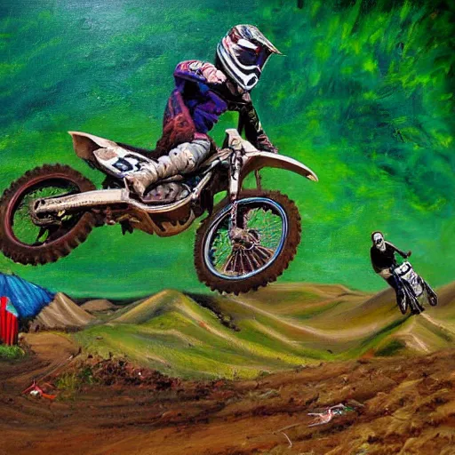 Prompt: motocross rider on dirt jump, garden of earthly delights painting by jerome bosch