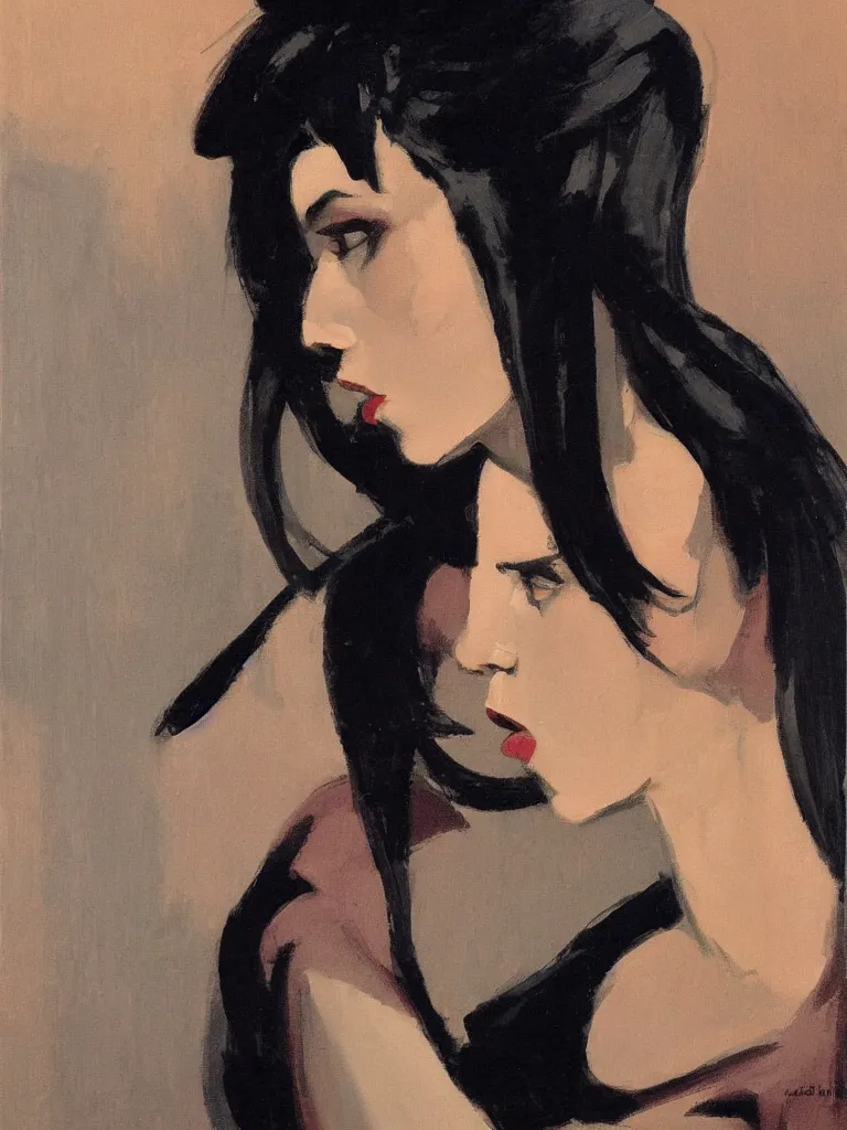 Prompt: portrait profile of one mysterious dark beautiful women in 1 9 7 8, femme fatale, oil painting by john watkiss