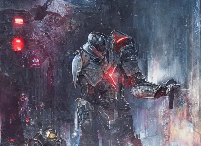 Image similar to medieval cyberpunk knight in a scenic cyberpunk environment, armor inspired by star wars and iron man, cybernetic implants, beautiful digital art, action pose, epic lighting, epic composition, sharp focus