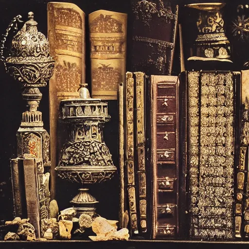 Image similar to epic daguerreotype of an ancient dark byzantine cave interior, ornate oil lamp on a pile of crystals, books covered in jewels, ornate, surrounded by strange crystals and treasure, full of sand and glitter, Indiana Jones, cinematic, jewels, 35mm lens