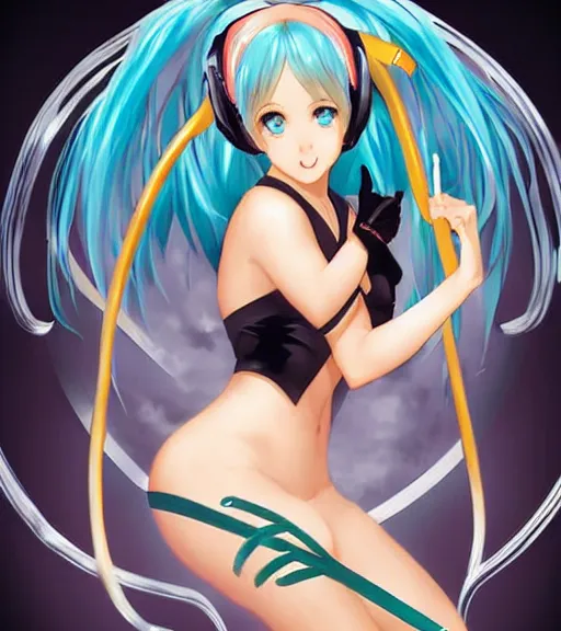 Prompt: Anime art very cute Hatsune miku by artgerm, Alberto Vargas, Gil Elvgren, Earl Moran, Enoch Bolles, symmetrical shoulders