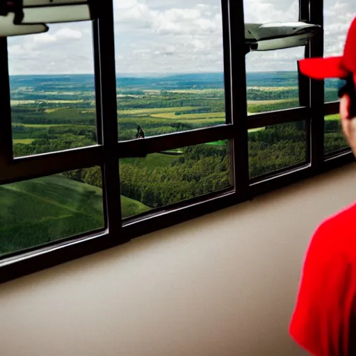 Prompt: man looking at giant glass windows, huge airplane flying above the glass windows