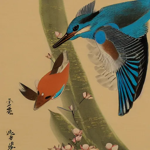 Prompt: The Kingfisher and the lotus flower , by Ohara Koson, Itō Jakuchū,Qian Xuan,Ren Xun and Maruyama Ōkyo, trending on artstation , hyper detail, 4k hd wallpaper,-n9