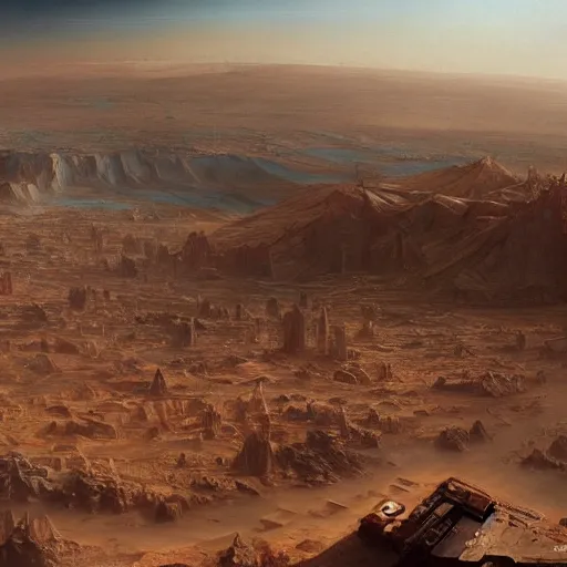 Prompt: city on the surface of mars, matte painting, beautifully detailed, smooth, epic, by nikolay makovsky