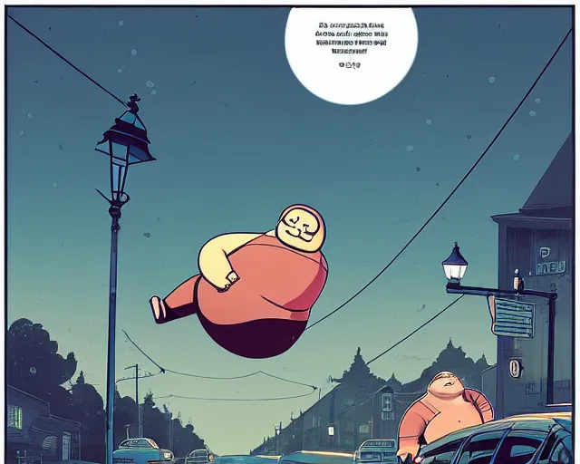 Prompt: a study of cell shaded cartoon of an obese ninjafloating above a country road, street lamps, road, illustration, wide shot, subtle colors, post grunge, concept art by josan gonzales and wlop, by james jean, Victo ngai, David Rubín, Mike Mignola, Laurie Greasley, highly detailed, sharp focus, Trending on Artstation, HQ, deviantart, art by artgem