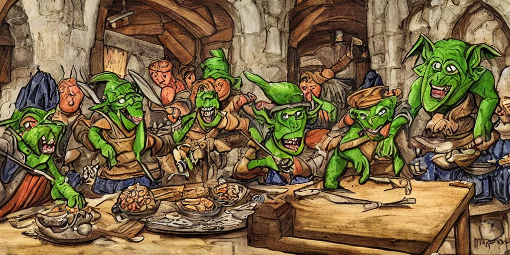 Prompt: d & d art showing a group of crazy green goblins cooking frantically in a hectic medieval kitchen
