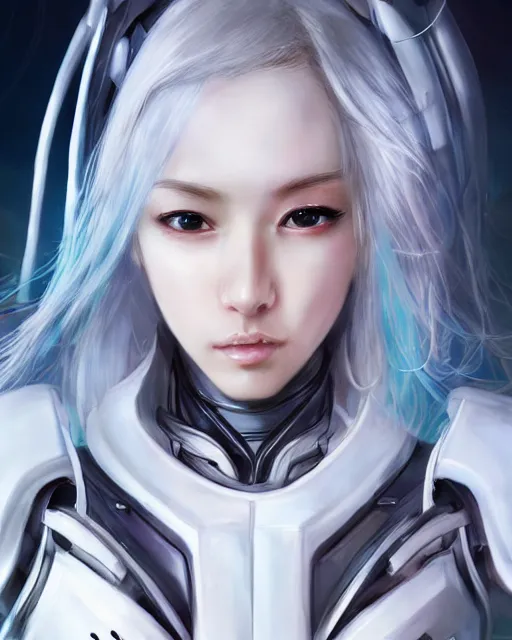 Image similar to detailed portrait of perfect android girl, warframe armor, beautiful face, scifi, futuristic, space station, laboratory, song hye - kyo, dreamy, long white hair, blue cyborg eyes, cinematic lighting, innocent, highly detailed, sharp focus, smooth, artstation, intricate, award winning, pure aura, divine, by akihiko yoshida