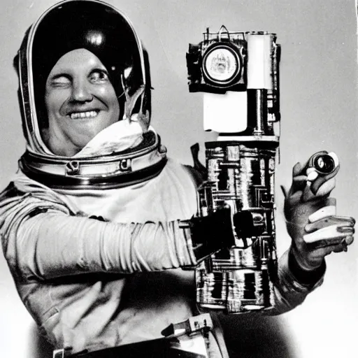 Image similar to an steampunk astronaut mid-space holding a beer can and a vintage camera. vintage photo