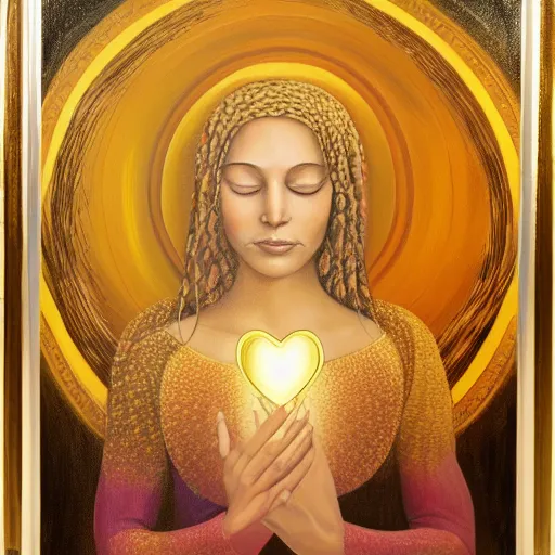 Image similar to a painting of a woman holding a glowing golden heart in the water, an acrylic on canvas painting by amanda sage and magali villenueve, louvre contest winner, gold foil