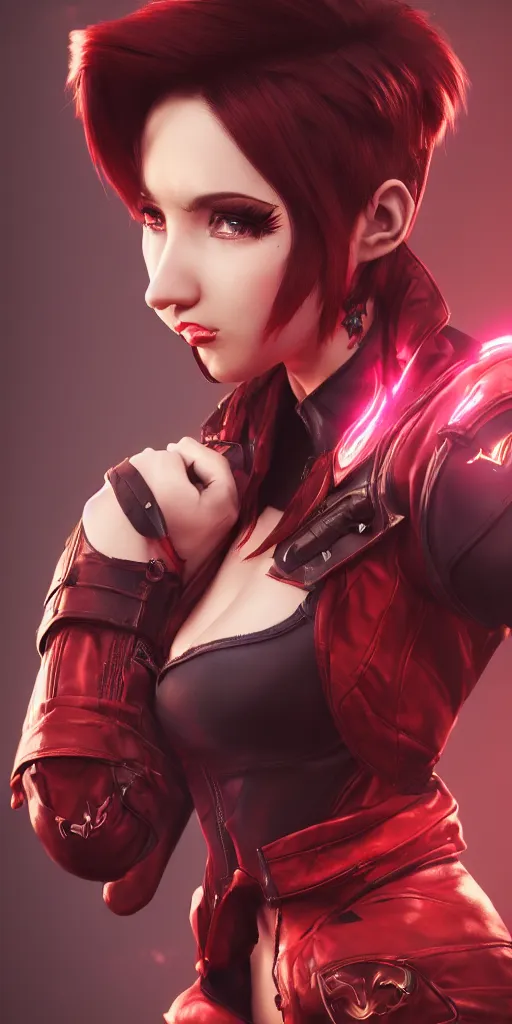 Image similar to a girl with short red hair, cool, vi from arcane, league of legends, fighter, cool red jacket, tattoo, beautiful, 3 d, potrait, art staion, studio light, closeup shot, octane render, wlop, realistic, neon