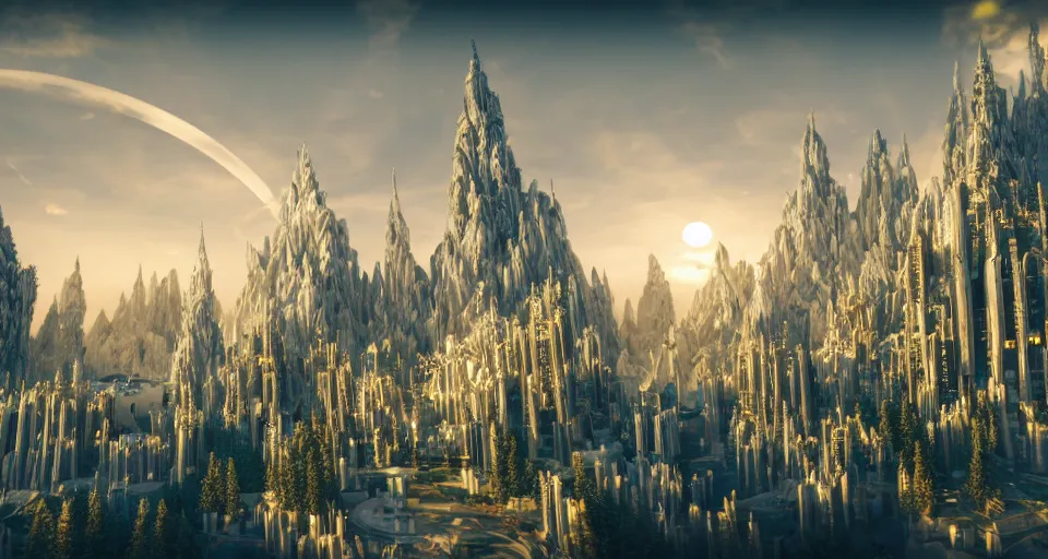 Prompt: majestic futuristic elf city made of white stone and decorated with gold, plants and trees, flying cars, angels flying around, epic buildings in the center, light clouds, cinematic sky, sunset, 8 k, unreal engine 5, sharp