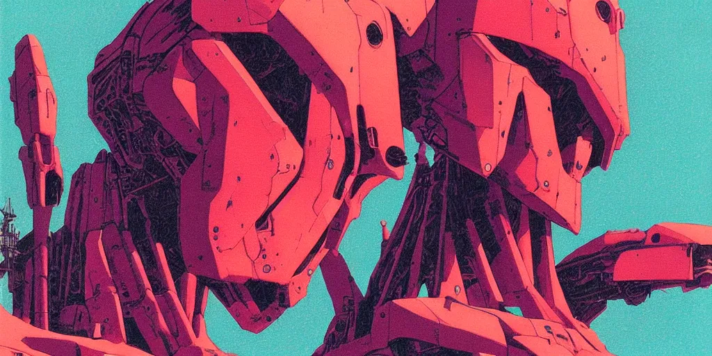 Image similar to risograph grainy painting of gigantic huge evangelion face with a lot of details - like mech covered ooze, by moebius and dirk dzimirsky, close - up wide portrait