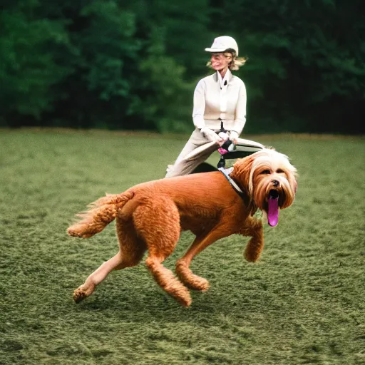 Prompt: cinestill of person riding on a blonde labradoodle dog, equestrian photography, sports photography, action shot