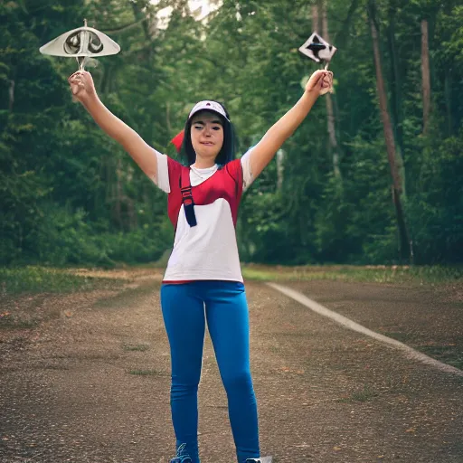 Prompt: Female Pokemon trainer, film grain, EOS-1D, f/1.4, ISO 200, 1/160s, 8K, RAW, symmetrical balance, in-frame, Dolby Vision