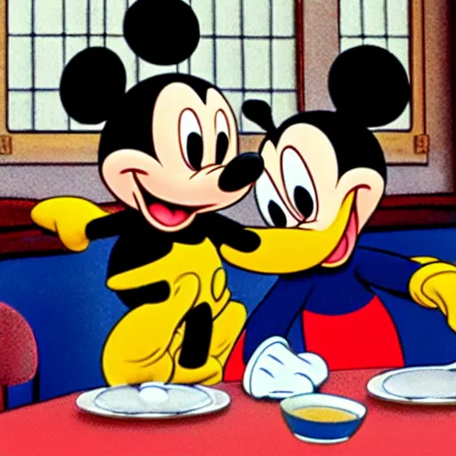 Prompt: Mickey Mouse invites Donald Duck and Goofy to dine in a very fancy restaurant.