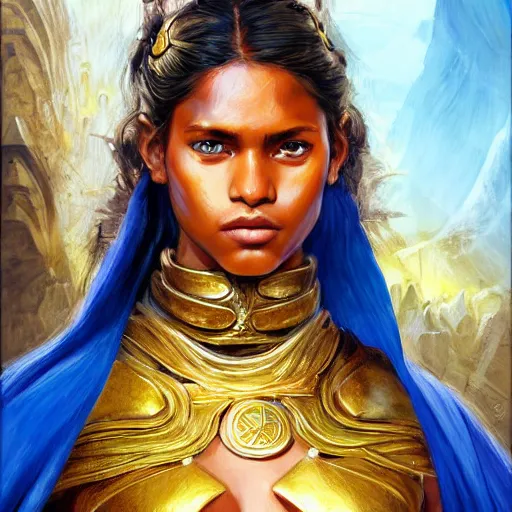 Image similar to highly detailed painting of a warrior goddess with maldivian, tan skin, blue eyes, golden armor with cape and brown hair high fantasy art by jon foster trending on arstation