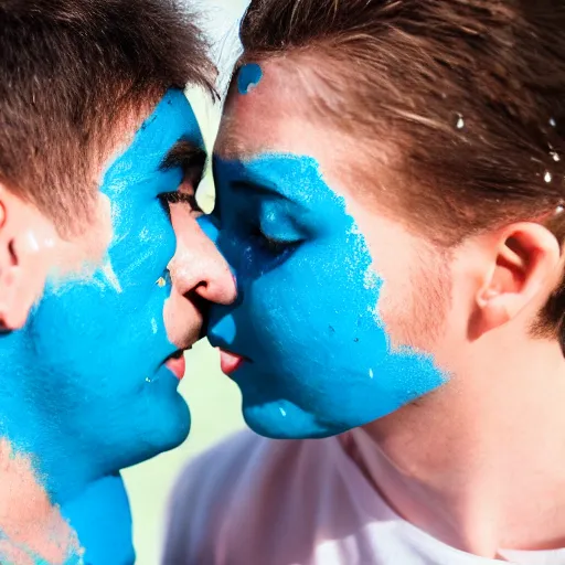 Image similar to couple kissing with bright blue glue paste in faces