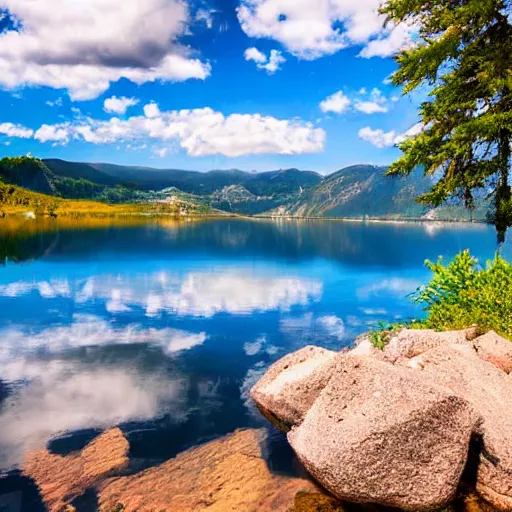 Image similar to beautiful still lake with reflective water,rocks in water, low mountains and beautiful far clouds