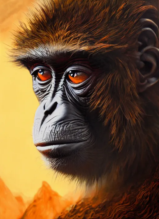 Image similar to close up portrait of a monkey monster in the mountains of hell, oil painting by tomasz jedruszek, cinematic lighting, pen and ink, intricate line, hd, 4 k, million of likes, trending on artstation