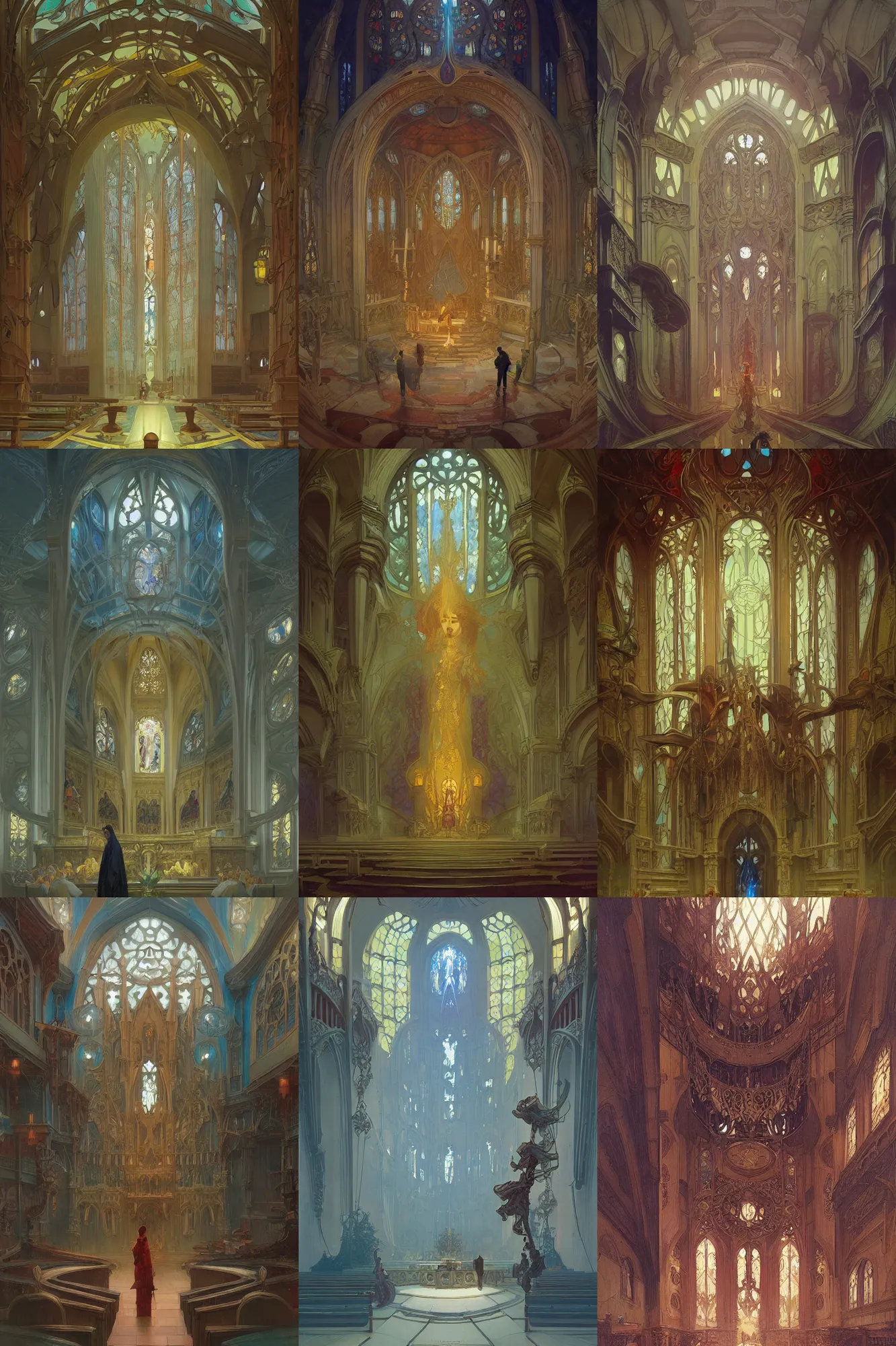 Image similar to church, art nouveau architecture, fantasy, art by joseph leyendecker, peter mohrbacher, ivan aivazovsky, ruan jia, reza afshar, marc simonetti, alphonse mucha