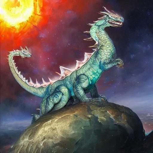 Prompt: prompt crystalline blue European dragon in space, devouring a planet, sun system, nebula, oil painting, by Fernanda Suarez and and Edgar Maxence and greg rutkowski