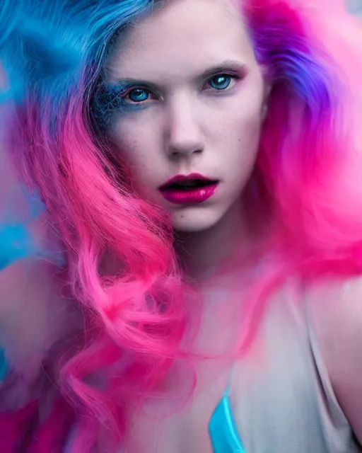 Image similar to a dramatic lighting photo of a beautiful young woman with cotton candy hair. blood splashes with a little bit of cyan and pink