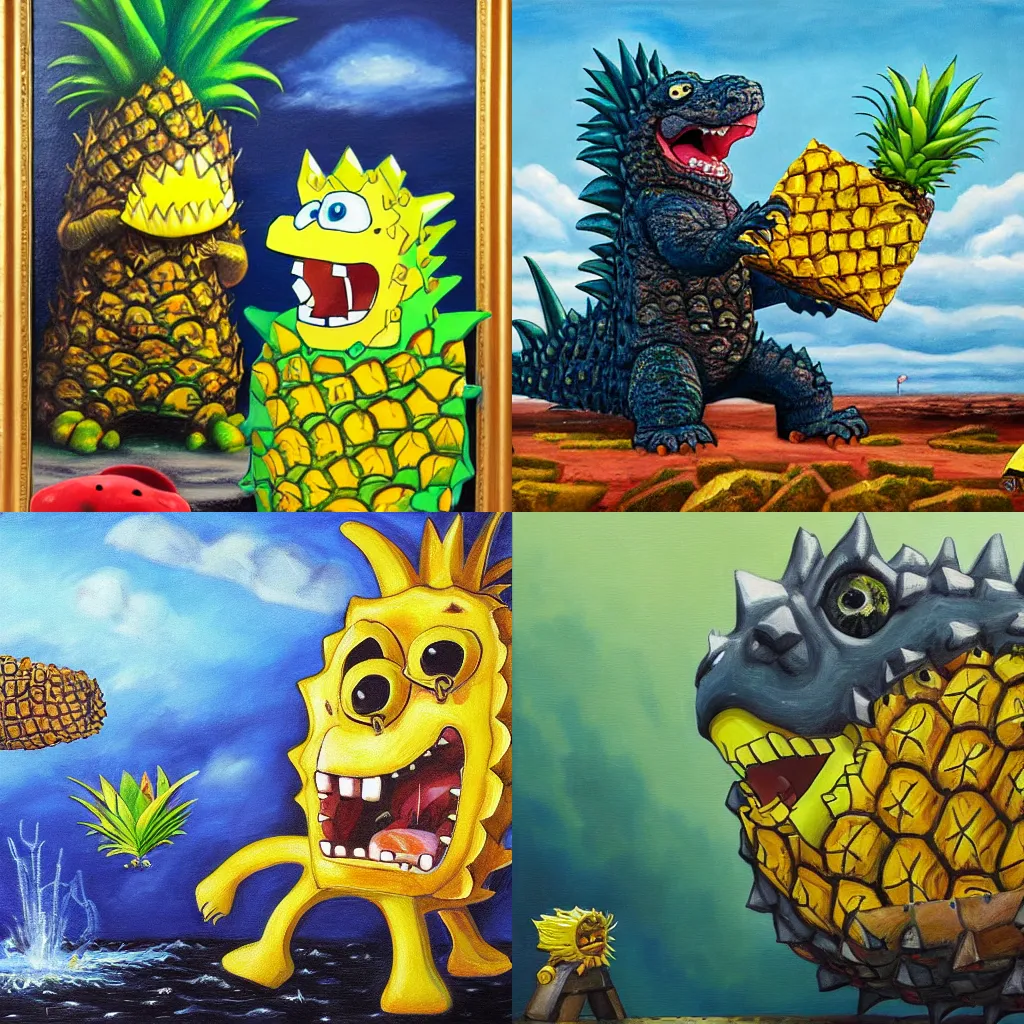 Prompt: Godzilla eating SpongeBob\'s Pineapple House, oil painting, highly detailed