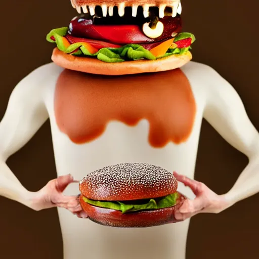 Image similar to a humanoid bipedal upright zombie that strongly resembles a hamburger, professional food photography