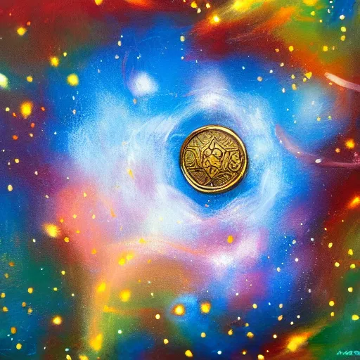 Image similar to a painting of a coin with space explosions