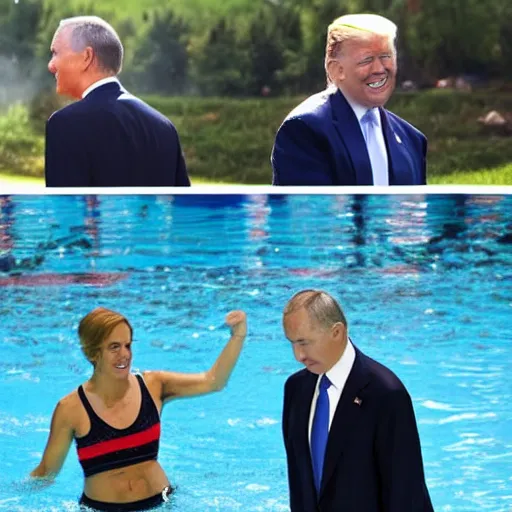 Image similar to putin, trump, obama and bush are swimming while having a water fight and smiling