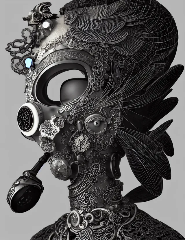 Prompt: 3 d goddess close - up profile portrait with vintage gas mask ram skull. beautiful intricately detailed japanese crow kitsune mask and clasical japanese kimono. betta fish, jellyfish phoenix, bio luminescent, plasma, ice, water, wind, creature, artwork by tooth wu and wlop and beeple and greg rutkowski