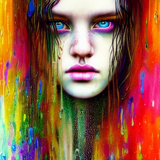 Image similar to girl in psychedelic LSD rain with wet hair and face, fantasy, intricate, elegant, dramatic lighting, evoking intense emotion, symbolic metaphor, highly detailed, lifelike, photorealistic, digital painting, artstation, concept art, smooth, sharp focus, illustration, art by John Collier and Albert Aublet and Krenz Cushart and Artem Demura and Alphonse Mucha