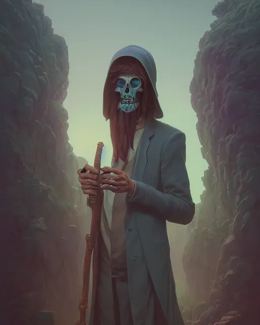 Image similar to highly detailed surreal vfx portrait of a stonepunk grim reaper, stephen bliss, unreal engine, greg rutkowski, loish, rhads, beeple, makoto shinkai and lois van baarle, ilya kuvshinov, rossdraws, tom bagshaw, alphonse mucha, global illumination, detailed and intricate environment