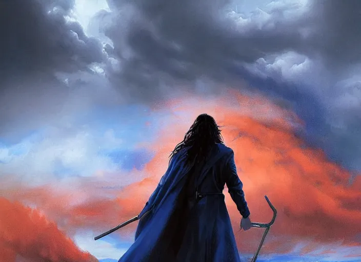 Prompt: a man with a long wavy black hair wearing a long blue coat and holding a spear stands with his back to the viewer looking up at an immense approaching storm. roiling dramatic clouds in shades of red and orange and blue. fantasy art by greg rutkowski and michael whelan
