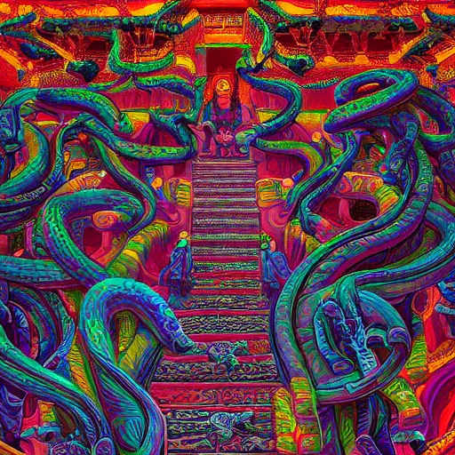 Image similar to person inside a temple made of serpents. Hyperdetailed photorealism, 108 megapixels, amazing depth, glowing rich colors, powerful imagery, psychedelic Overtones