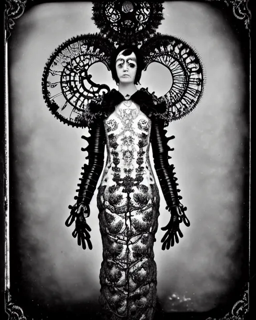 Image similar to surreal black and white tintype photo portrait of complex bio-mechanical beautiful young female vegetal-cyborg with a Mandelbrot fractal steampunk metal fine lace face, a very long neck and a fine metal floral foliage super big lace collar by Alexander McQueen:: smoke, high fashion, haute couture, rococo, steampunk, silver filigree details, anatomical, facial muscles, cable wires, microchip, elegant, dreamy, foggy atmosphere, hyper realistic, 150 mm lens, soft rim light, octane render, unreal engine, picture was taken in 1910 by Man Ray, volumetric lighting, dramatic light,8k,