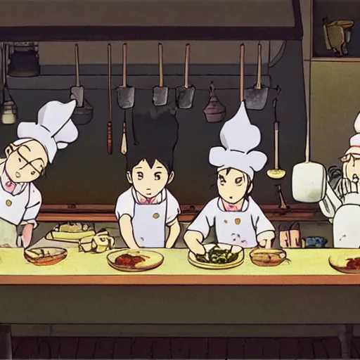 Prompt: A dimly lit laboratory with pigs cooking wearing cook aprons and kings crowns, art by Hayao Miyazaki, art by Studio Ghibli, anime style