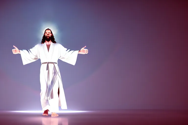 Image similar to jesus christ wearing a white robe strikes a dance pose as the world burns around him, intricate, hyper detailed, accent lighting, dramatic light, 4 k octane render ; renaissance painting