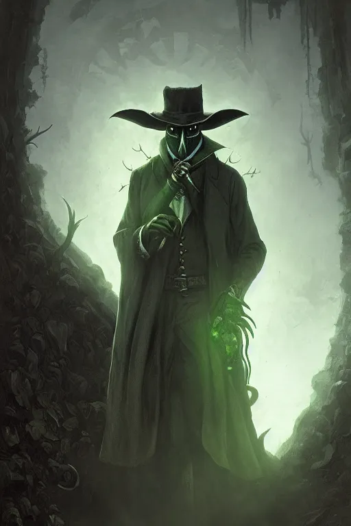 Image similar to A fancy portrait of a green plague doctor by Greg Rutkowski, Dan Mumford, Christophe Vacher, Sung Choi, Bloodborne, 8k photorealistic, volumetric lighting, HD, high details, dramatic, dark atmosphere, trending on artstation