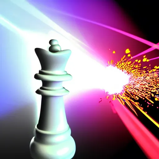 Image similar to a stunning 3 d simulation of a white chess piece exploding with colorful laserbeams, black background, 4 k