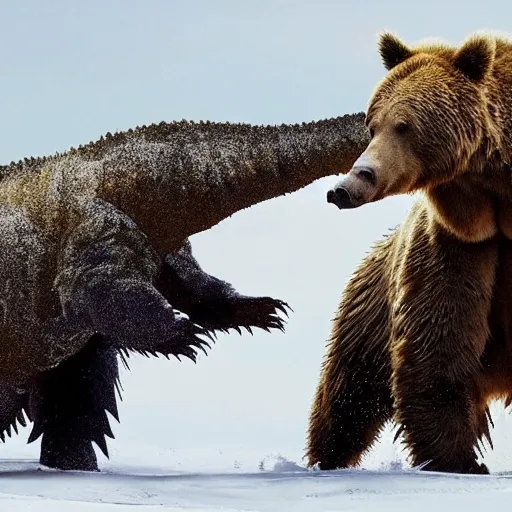 Prompt: national geographic photo of a stegosaurus fighting a grizzly bear