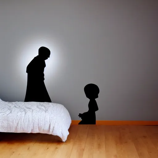 Image similar to silhouette of person at the edge of bed, children's room, eerie