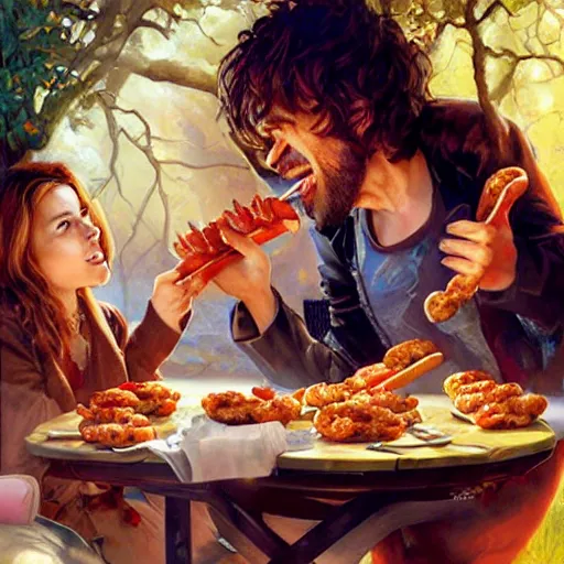 Image similar to portrait of peter dinklage sharing hotdogs with scarlett johansson, an oil painting by ross tran and thomas kincade w 7 6 8