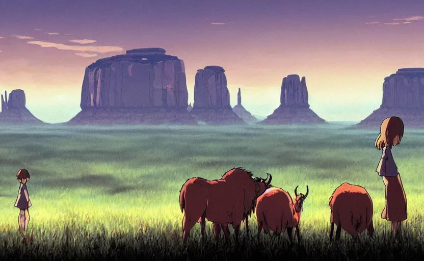 Image similar to a realistic cell - shaded studio ghibli concept art from paprika ( 2 0 0 6 ) of a pack of wildebeest and a multi - colored cube from close encounters of the third kind ( 1 9 7 7 ) in a flooded monument valley stonehenge jungle with giant trees on a misty starry night. very dull colors, portal, hd, 4 k, hq